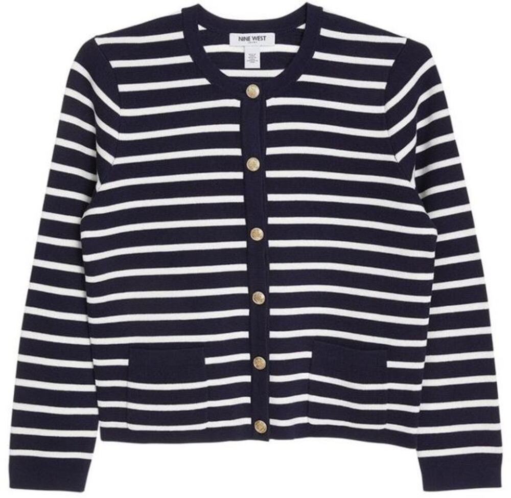 Nine West Blue & White Striped Button Up Cardigan Sweater Size L